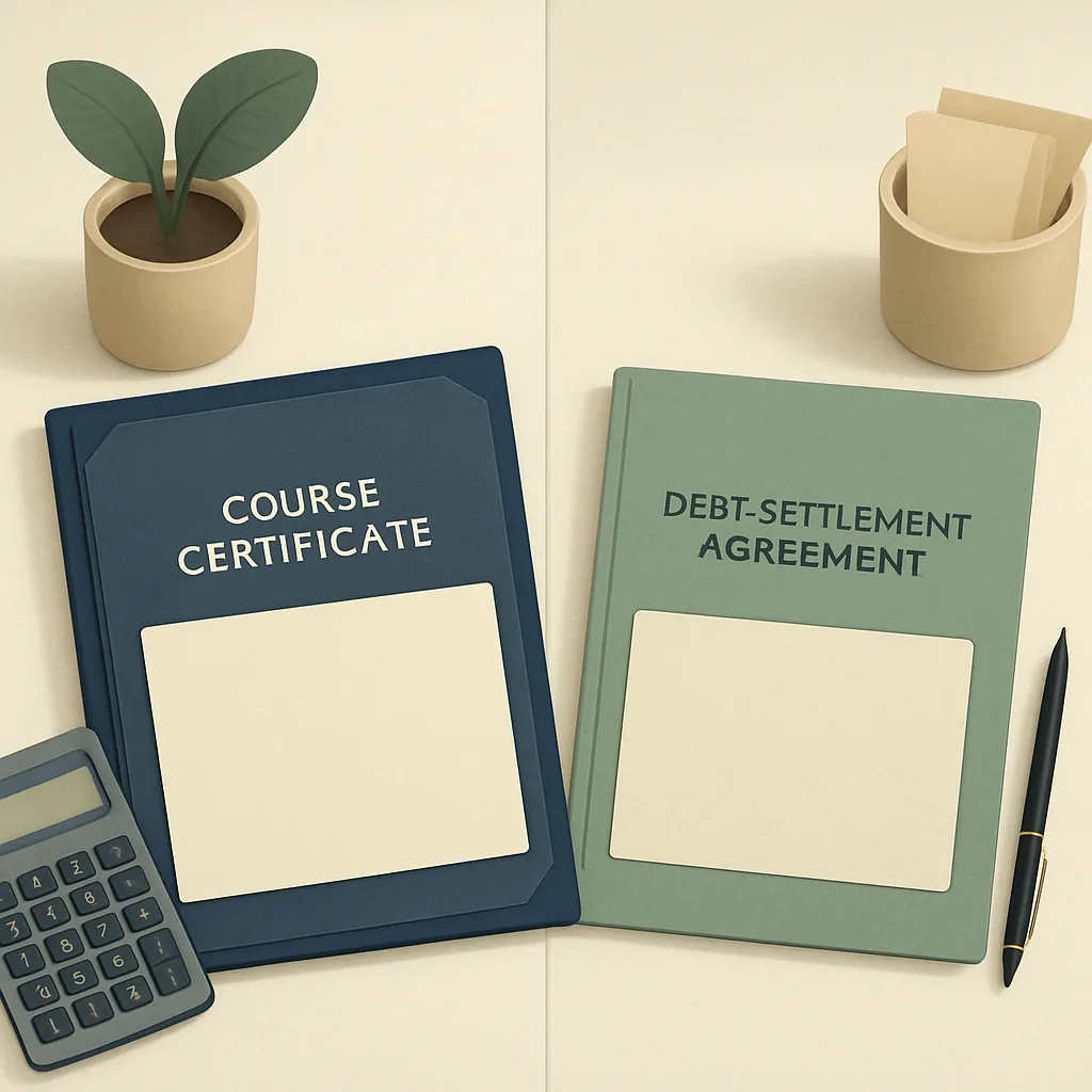 Separate bankruptcy counseling and debt settlement documents on a desk