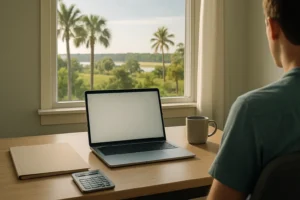 Credit report after debt settlement in Florida reviewed at a professional home workspace